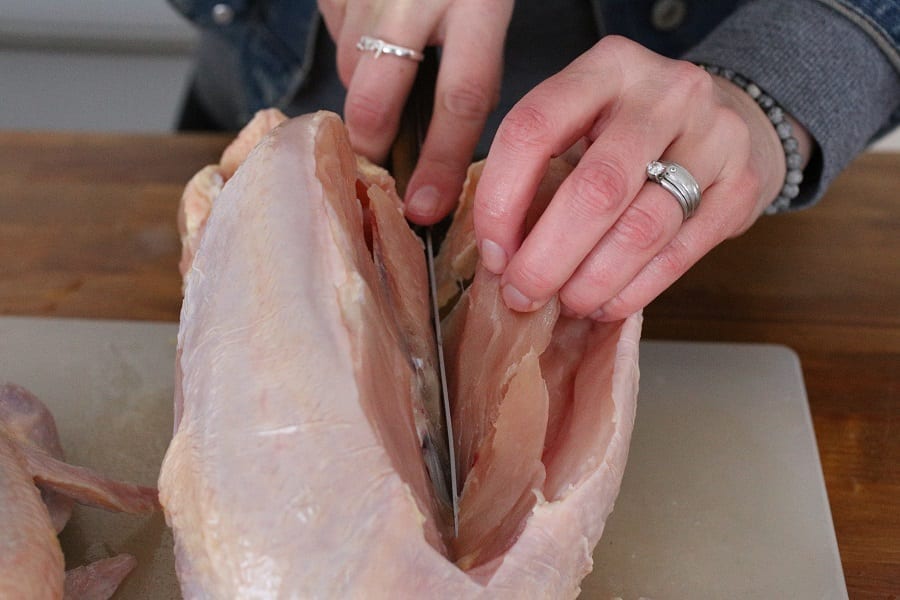 cutting chicken into parts