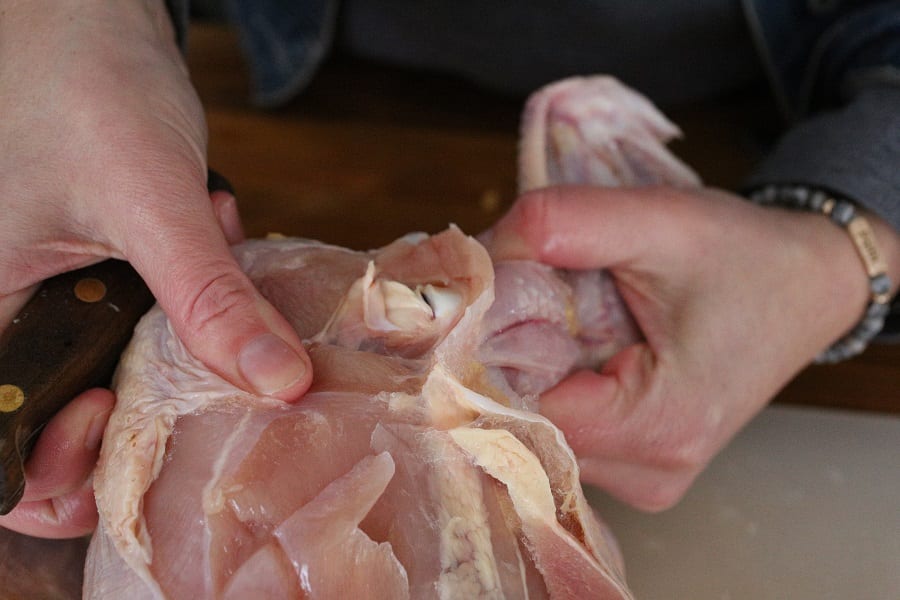 cutting up a chicken wing