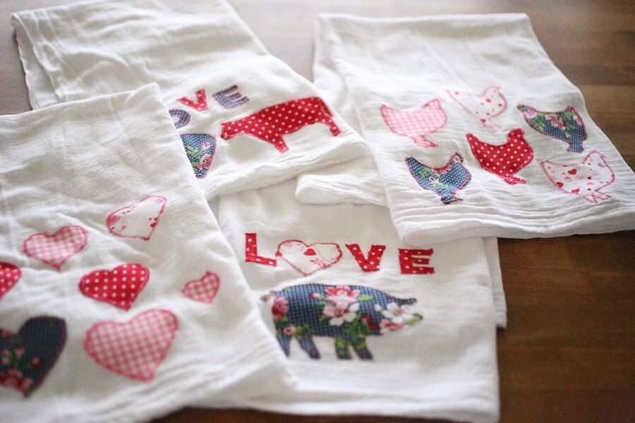 Valentine applique flour sack towels