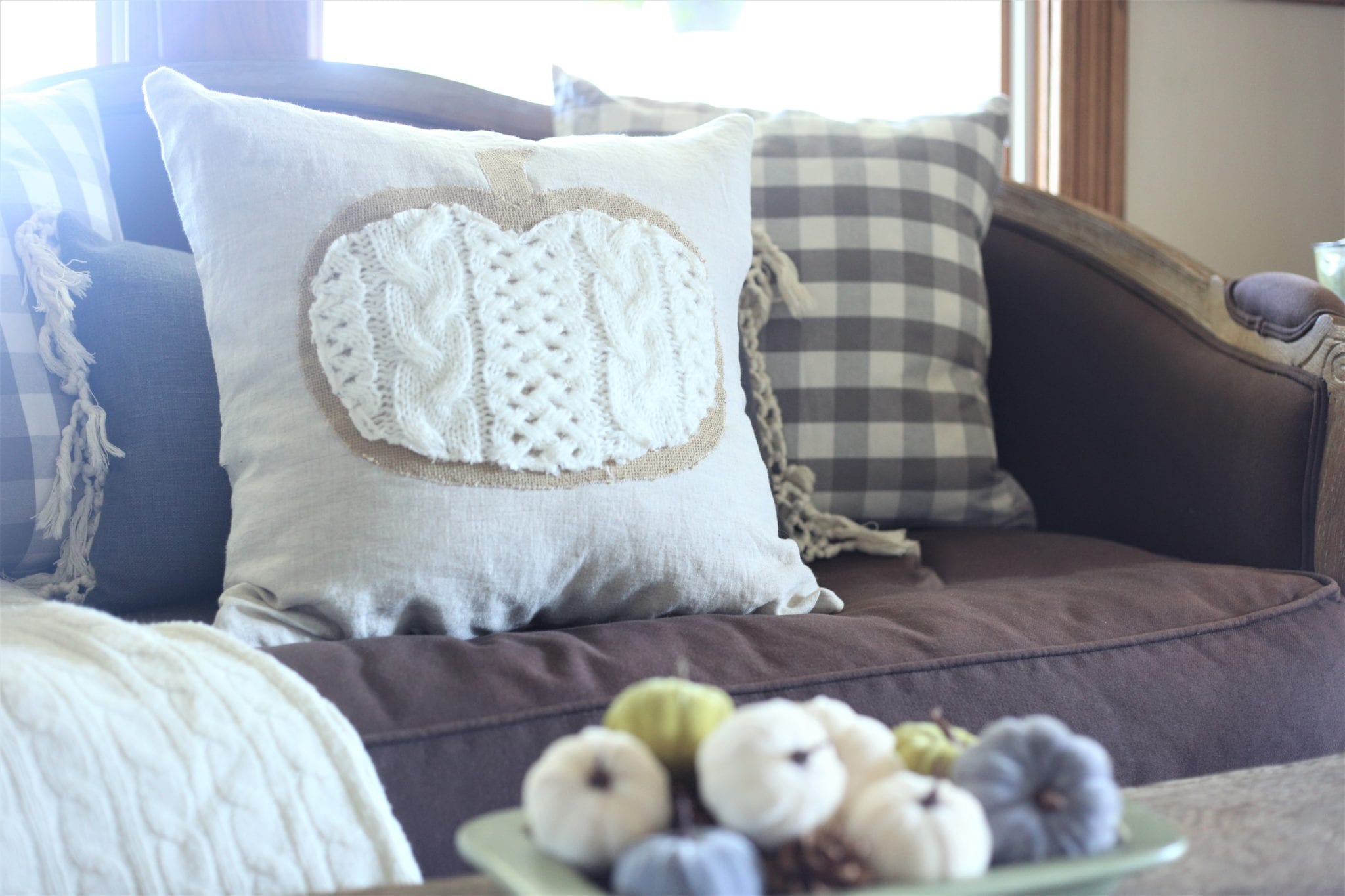 Pumpkin Pillow–Linen, Burlap and Cable Knit