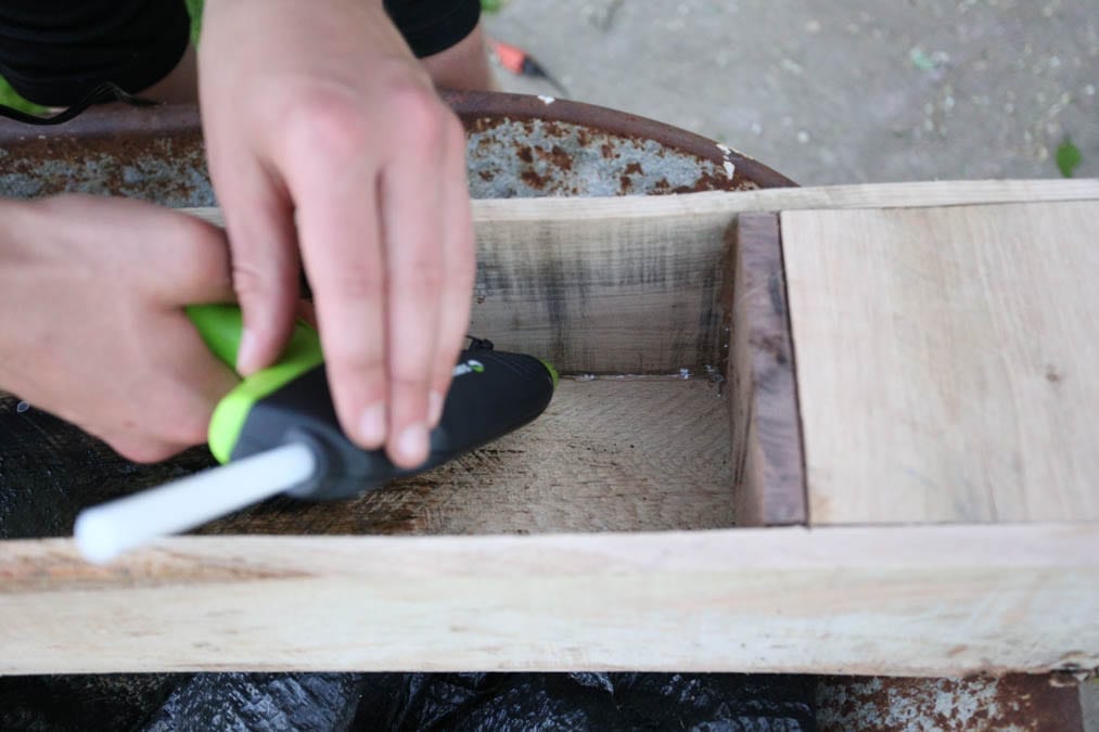 hot gluing the seams of the planter