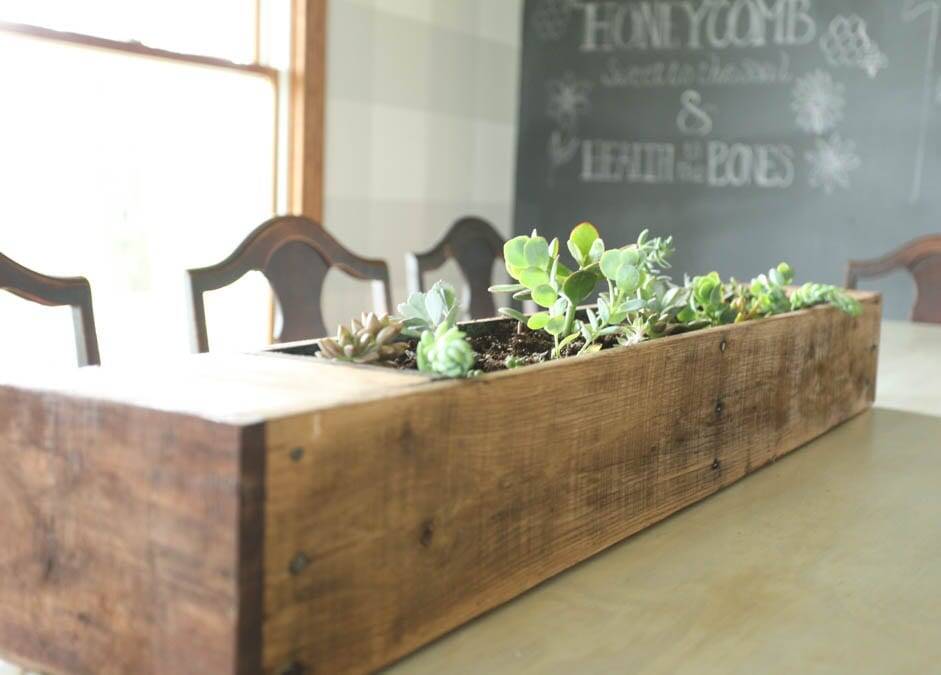 pallet wood succulent planter on dining room table