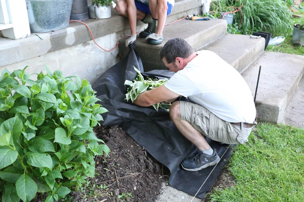 laying down landscape fabric