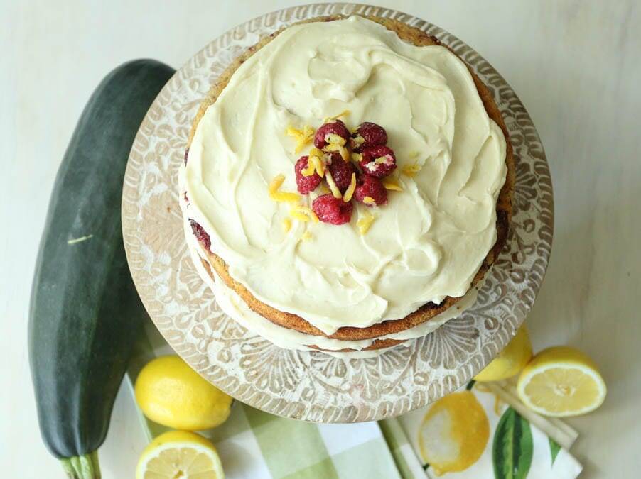 zucchini cake with raspberries and lemon