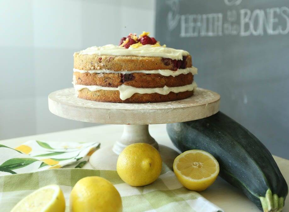 zucchini cake with raspberries and lemon cream cheese frosting