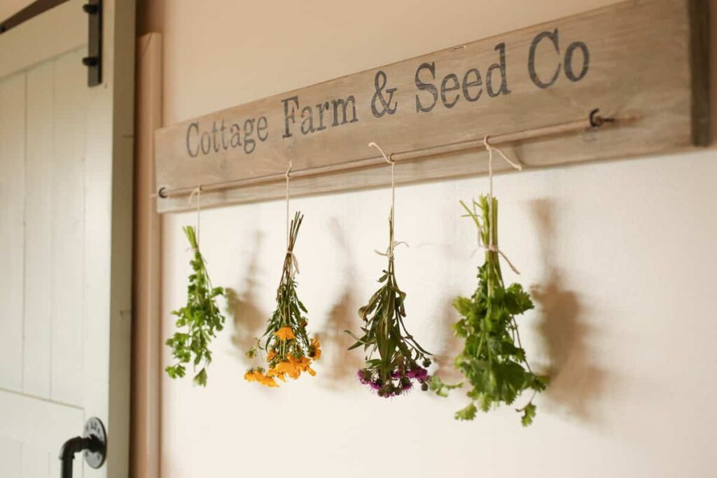 Typically the best herbs to hang dry are ones with a strong flavor and less moisture.  Herbs like mint can be hung to dry, but since it has more moisture it may take longer and smaller bundles are recommended to inhibit mold growth.