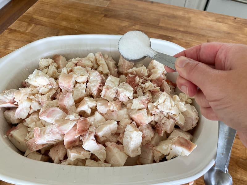 After you get the pieces small and fairly uniform, dump them into a crockpot.  What's different with this next step is that you pour salt and water over the fat.  My crockpot was quite full, I poured about a 3 TBS salt over the fat I then covered it with a quart or so of water. 