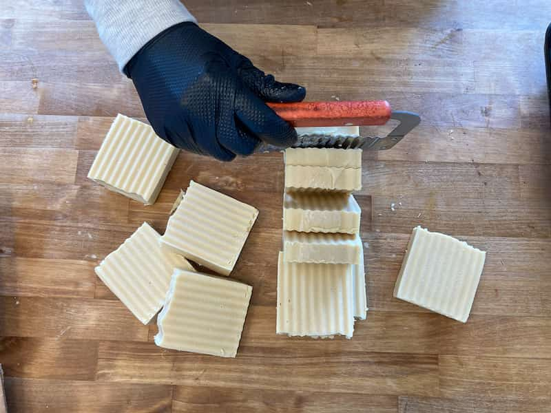 cutting milk and tallow soap into bars