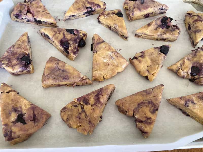 sourdough blueberry scones on baking sheet