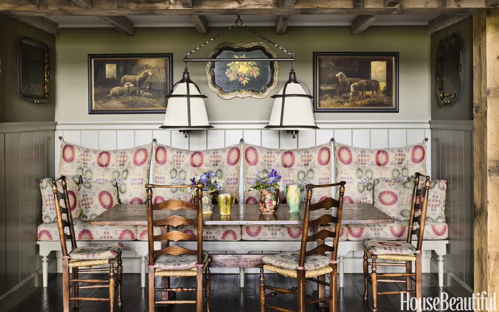 bold pattern ladderback chairs seating nook