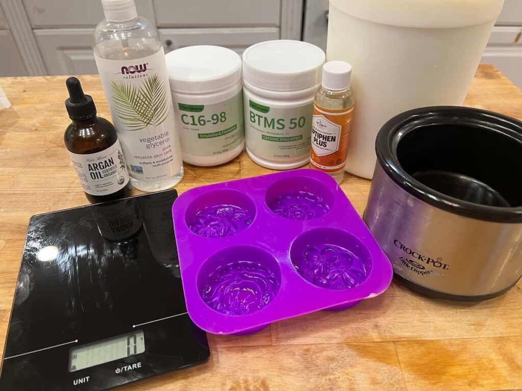 ingredients and tools for tallow conditioner bars