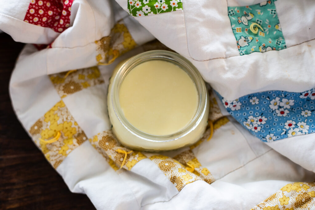 DIY sleep balm with tallow, shea or mango butter, arnica, beeswax,  and a touch of magnesium and lavender is gentle, soothing, and a great addition to your bedtime routine. 